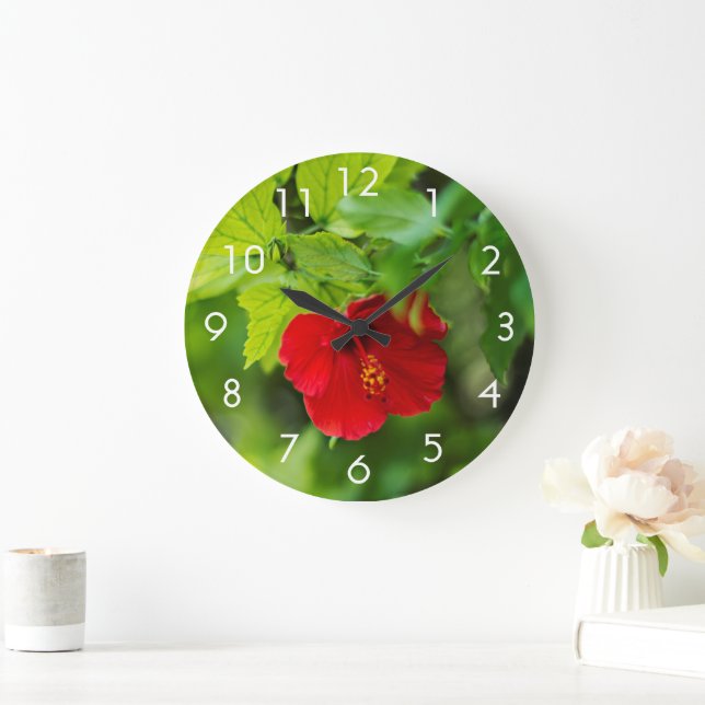 Grande Horloge Ronde Red Hibiscus Hawaii Tropical (Maison)