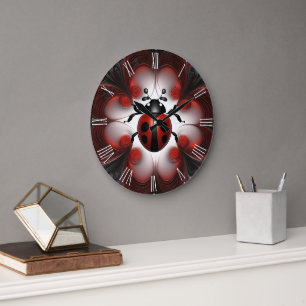 Grande Horloge Ronde Red Ladybug Fractal Art Design,