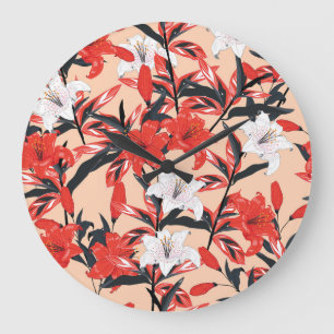 Grande Horloge Ronde Red Lily : Motif botanique Vintage.