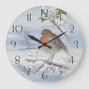 Grande Horloge Ronde Red Robin Bird Noël d'hiver