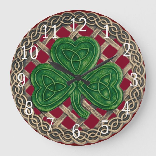 Grande Horloge Ronde Red Shamrock And Celtic Knots Round Clock (Recto)
