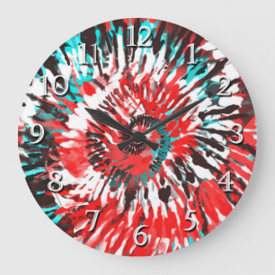 Grande Horloge Ronde Red Teal Black White et Grey Tie Dye