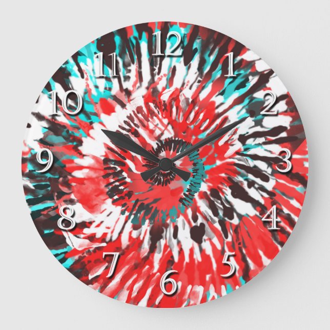 Grande Horloge Ronde Red Teal Black White & Grey Tie Dye (Recto)