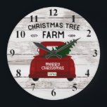 Grande Horloge Ronde Red vintage Truck with Christmas Tree Clock II<br><div class="desc">This rustic Christmas Clock fea vintage red pick up truck carrying a freshly cut Christmas tree in the back. Wood background for a rustic touch. Would look great in your home ou makes a great venin. Part of a collection</div>