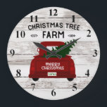 Grande Horloge Ronde Red vintage Truck with Christmas Tree Clock II<br><div class="desc">This rustic Christmas Clock fea vintage red pick up truck carrying a freshly cut Christmas tree in the back. Wood background for a rustic touch. Would look great in your home ou makes a great venin. Part of a collection</div>