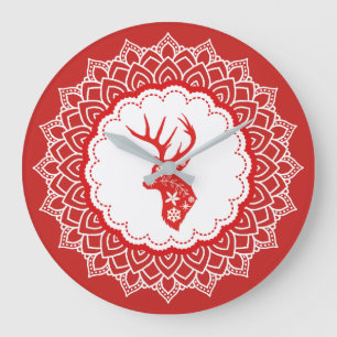 Grande Horloge Ronde Red & White Christmas Deer White Mandala Frame