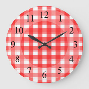 Grande Horloge Ronde Red White Plaid Retro Kitchen Clock
