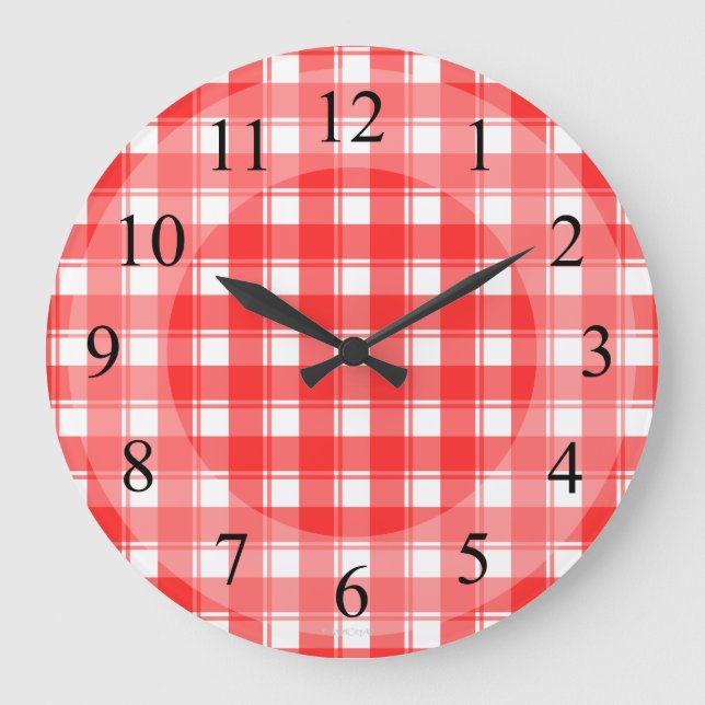 Grande Horloge Ronde Red White Plaid Retro Kitchen Clock (Recto)
