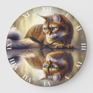 Grande Horloge Ronde Réflexion de chat mignon de fantaisie dans l'eau