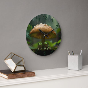 Grande Horloge Ronde Refuge Rainy Day : Frogs Shelter Sous Champignons