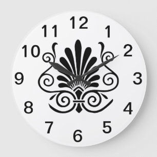 Grande Horloge Ronde Regard ancien plume motif art déco noir sur blanc