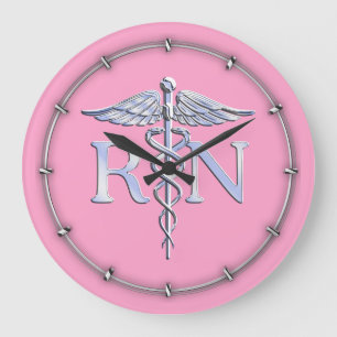 Grande Horloge Ronde Registered Nurse Silver Caduceus Light Pink Decor