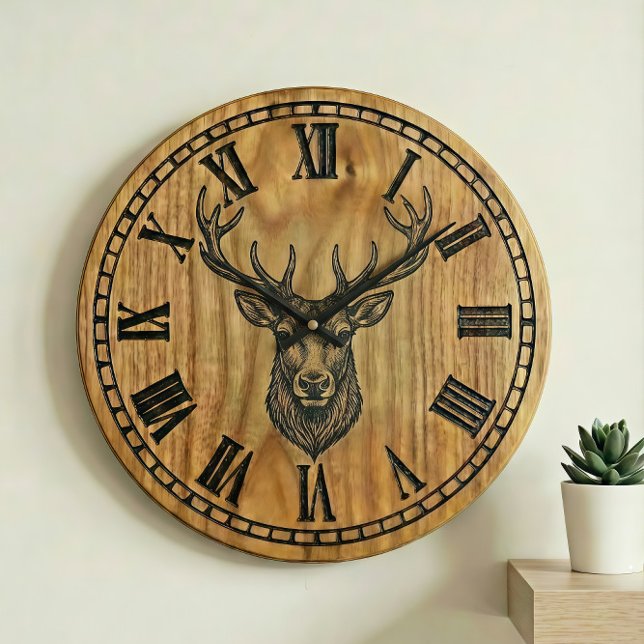 Grande Horloge Ronde Reindeer Wall Clock - Wooden Style Design  (Créateur téléchargé)
