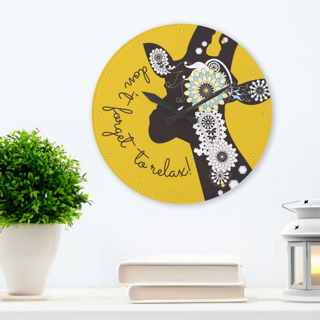 Grande Horloge Ronde Relax - Yellow Funky Funny Giraffe (Créateur téléchargé)