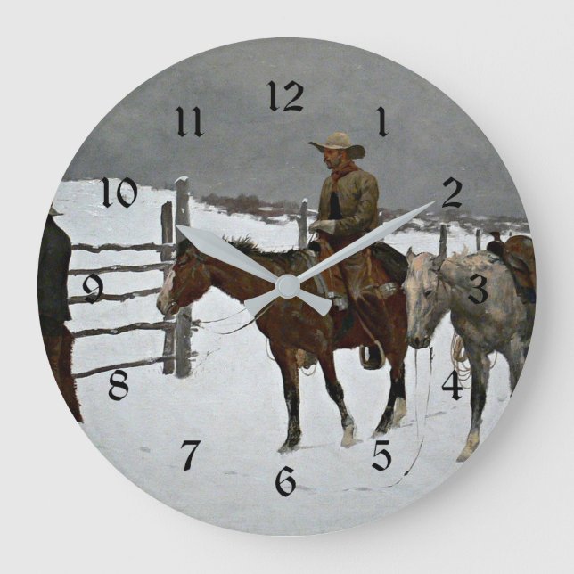 Grande Horloge Ronde Remington - Chute du Cowboy, peinture d'art, (Recto)