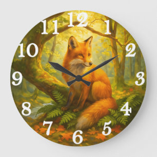 Grande Horloge Ronde Renard alerte dans un bois ensoleillé