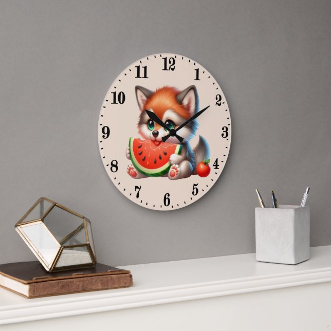Grande Horloge Ronde Renard amateur de pastèque mignon (Bureau)
