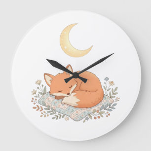 Grande Horloge Ronde Renard endormi mignon sur édredon sous Lune Croiss