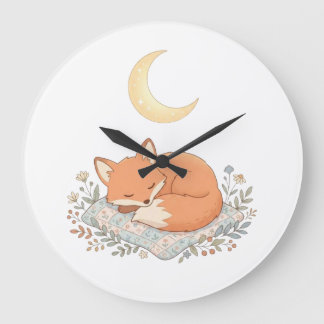 Grande Horloge Ronde Renard endormi mignon sur édredon sous Lune Croiss