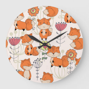 Grande Horloge Ronde Renard, fleurs : motif vintage dessiné à la main