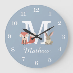 Grande Horloge Ronde Renard mignon Et Lapin Bébé Garçon Monogramme Bleu