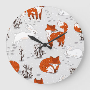 Grande Horloge Ronde Renards d'hiver Bunny Motif sans couture