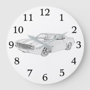 Grande Horloge Ronde Rendu Camaro noir et blanc 1969 Chevy