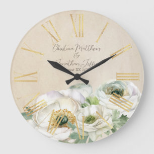 Grande Horloge Ronde Renoncule aquarelle blanche rustique