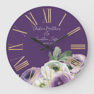 Grande Horloge Ronde Renoncule aquarelle romantique sur fond violet fon