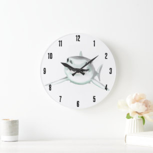 Grande Horloge Ronde requin aquarelle souriant gris vert océan animal