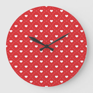 Grande Horloge Ronde Réseau Géométrique de Cœur Rouge et Blanc Classiqu