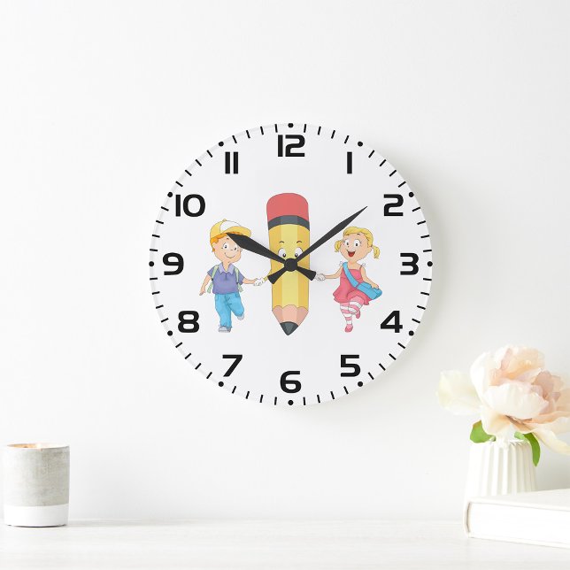 Grande Horloge Ronde Retour à la caricature scolaire Joyeux crayon et e (Créateur téléchargé)