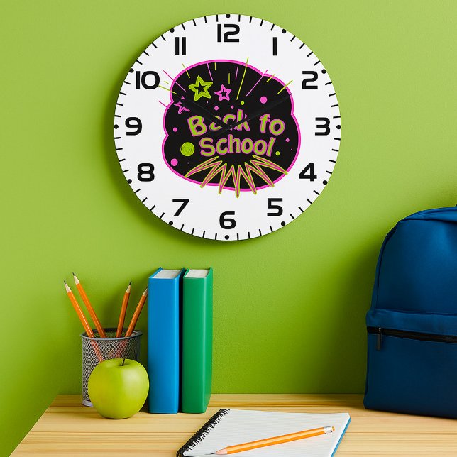 Grande Horloge Ronde Retour à l'école Neon Pop Art Bright Classroom (Créateur téléchargé)