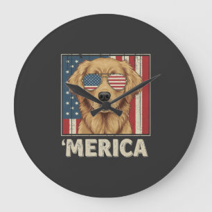 Grande Horloge Ronde Retriever doré vintage drapeau 'Merica