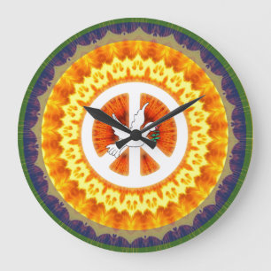 Grande Horloge Ronde Rétro 60 s Symbole de la paix White Dove Olive Bra