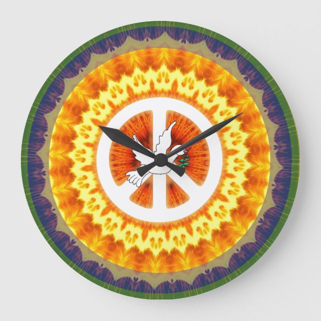Grande Horloge Ronde Rétro 60 s Symbole de la paix White Dove Olive Bra (Recto)