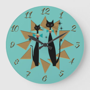 Grande Horloge Ronde Rétro Atomic Era Mid Century Modern Cool Cats