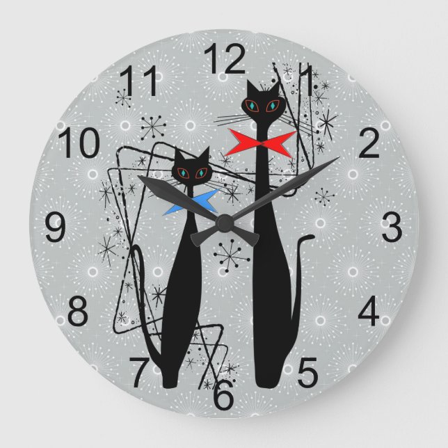 Grande Horloge Ronde Rétro Atomic Era Mid Century Modern Cool Cats (Recto)