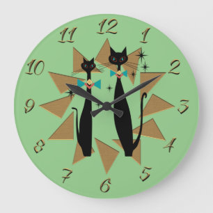 Grande Horloge Ronde Rétro Atomic Era Mid Century Modern Cool Cats