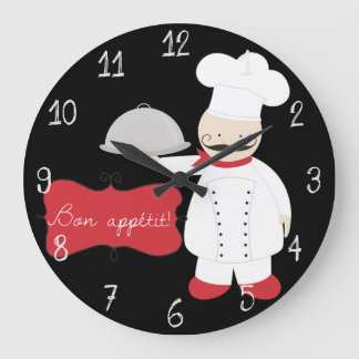 Grande Horloge Ronde Retro Black Red et White Chef Bon Appétit !