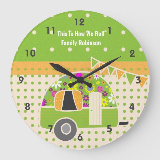 Grande Horloge Ronde Rétro Campervan Lime Orange Shabby Chic Polkadot (Recto)
