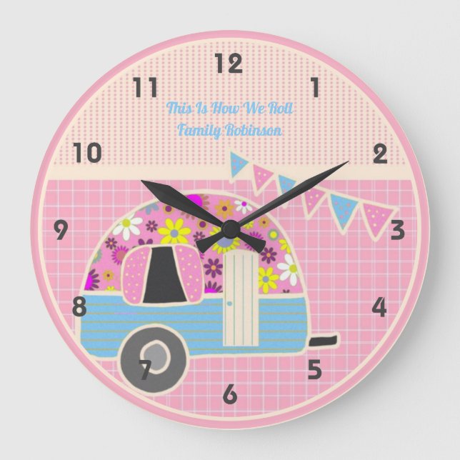 Grande Horloge Ronde Rétro Campervan Pink Blue Hipster Shabby Chic (Recto)