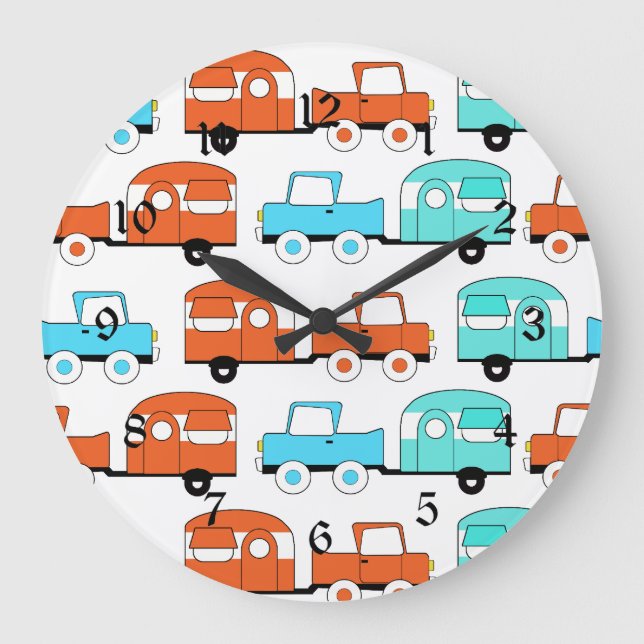 Grande Horloge Ronde Rétro Camping Trailer Turquoise (Recto)