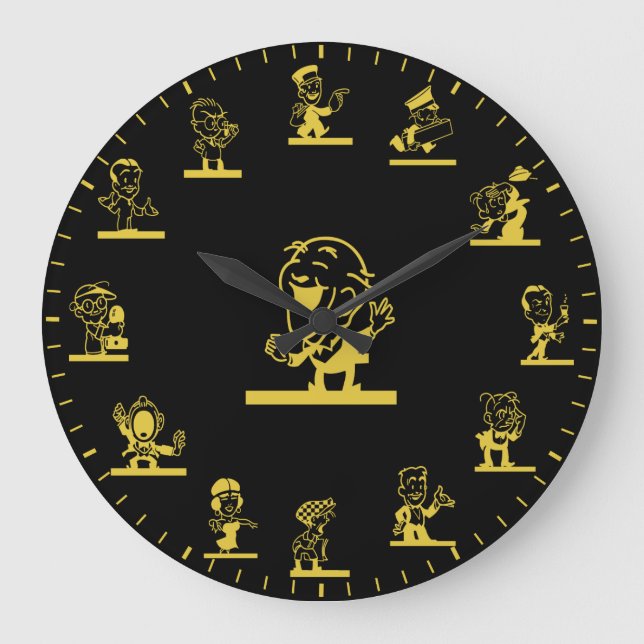 Grande Horloge Ronde Retro Cartoon People Themed Gold Large Clock (Recto)