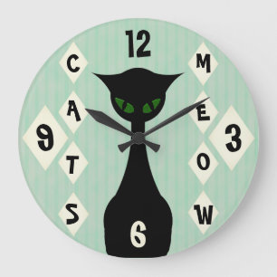 Grande Horloge Ronde Retro Cats Meow Midcentury Green