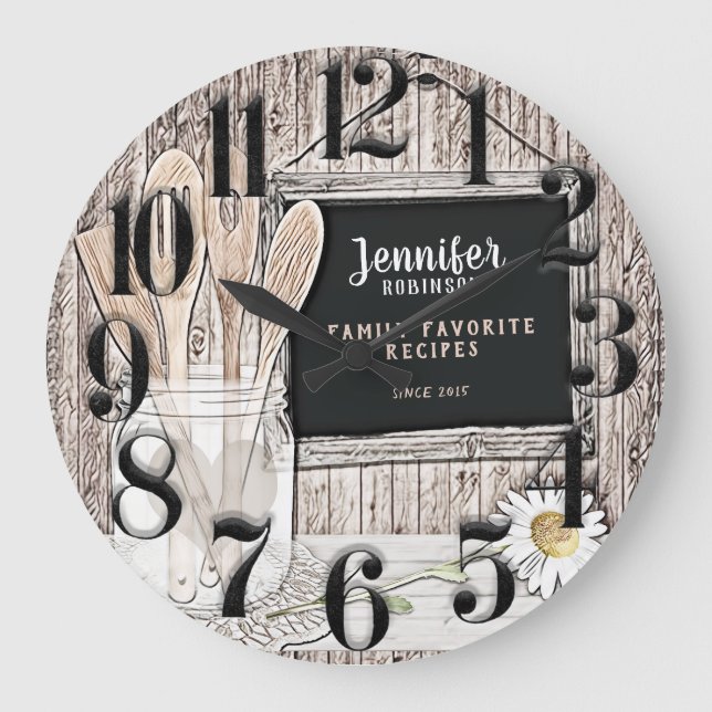 Grande Horloge Ronde Retro Chalkboard, Mason Jar et Daisy (Recto)