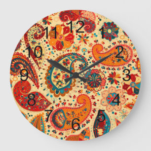 Grande Horloge Ronde Rétro Colorful Beautiful Boho Bohemian Paisley
