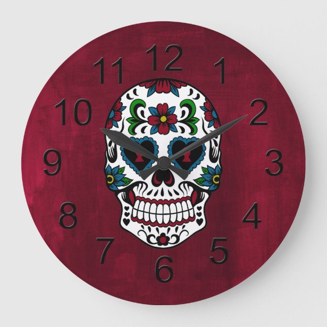 Grande Horloge Ronde Rétro Day of the Dead Sugar Skull (Recto)
