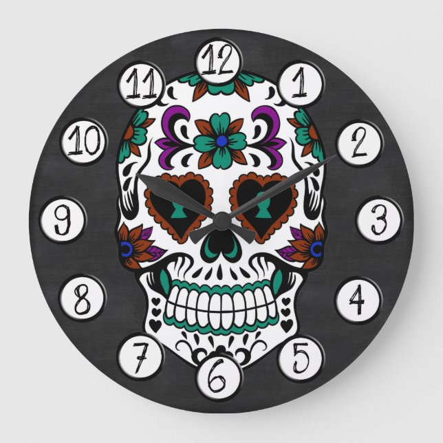 Grande Horloge Ronde Rétro Day of the Dead Sugar Skull (Recto)