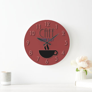 Grande Horloge Ronde Retro Faux Neon Café Open 24|7 Rouge et Bleu